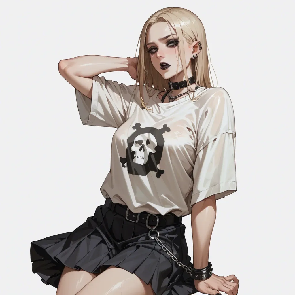 blond goth girl seethrough oversized shirt and skirt