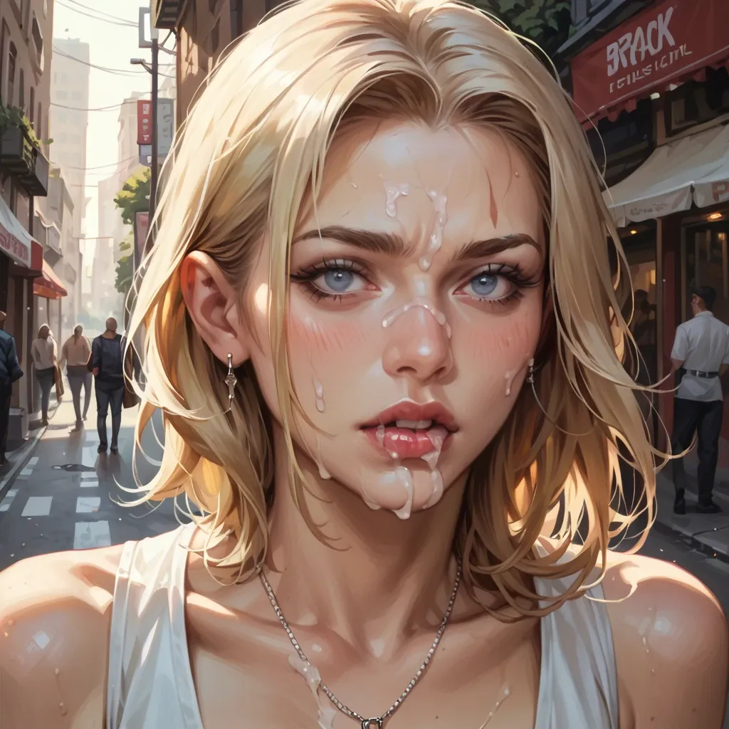 realistic blonde girl in her 20's begging for cum on the streets