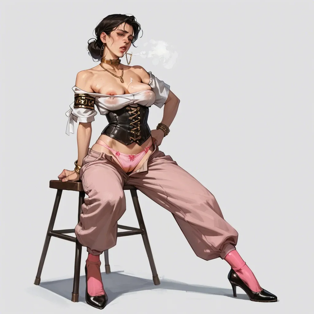 1girl,solo, , , , nostrils,armband,saggy breast,breast fondle,gold necklace, baggy pants,pink stockings,gold collar,cotton panties,shoes, tied shirt,laced,jewelry,corset,heels, office, street, medieval prison, bedroom, hyper-detailed, dark light, asuka