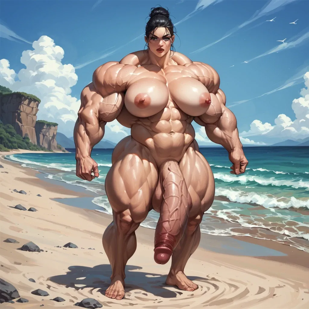 Power gril, Hyper bodybuilding female,hyper muscular trapèze, hyper muscular épaule, hyper musclar biceps,nude boobs, hyper muscular legs, lingerie latex, futa huge dick fuck, beach