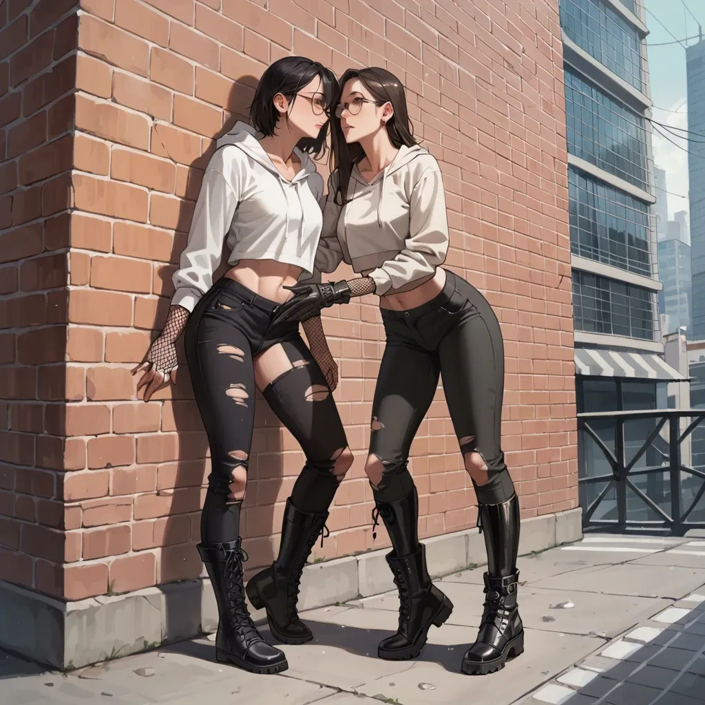 2girl, , , , clear eyes,feet,round boobs,city background,collarbone, touching,hand on wall,round tits,waist,neck bell, sweatshirt,fishnet gloves,round glasses,panties visible,knee boots, ripped pants,glaceon,blue gloves,highleg panties,brown boots, torn dress,knee socks,military hat,undersized bra,gothic boots, gamer bedroom, dungeon, on a leash, zelda, belle, waifu