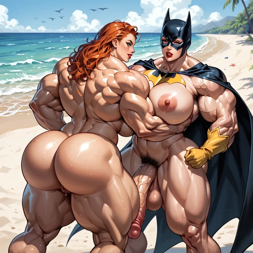 Batgirl, Hyper bodybuilding female,hyper muscular trapèze, hyper muscular épaule, hyper musclar biceps,nude boobs,nude hairy pussy, hyper muscular legs, futa huge cock, beach man fuck ass