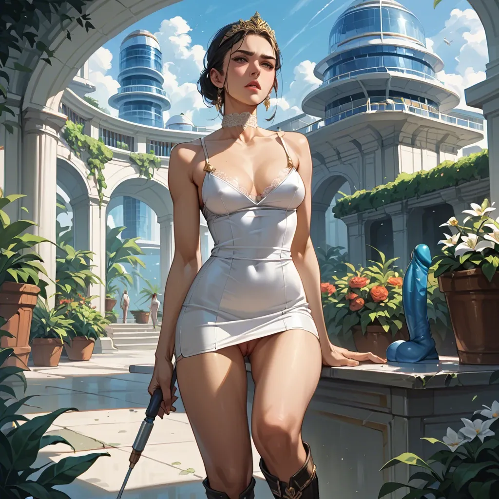 2girl, , , , high cheekbones,camisole,defined nipples,clenched waist,blue turtleneck, office dress,lace choker,gold tiara,white swimsuit,knee boots, bare chest, in a garden, spaceship, dildo, tifa, ariel waifu, nami