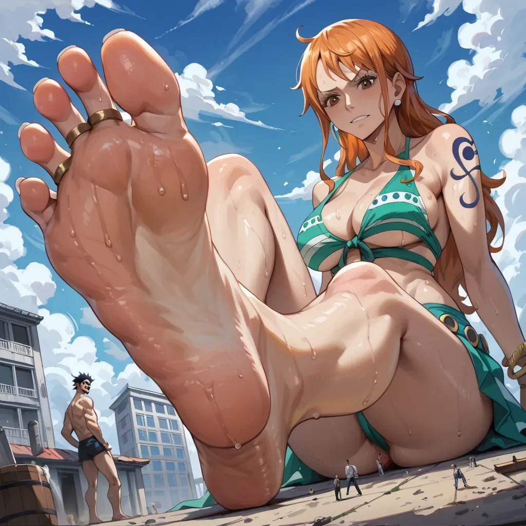 soles, toes, giantess,foot, gts, Expressiveh,Nami (one piece), under_foot,sweat feet