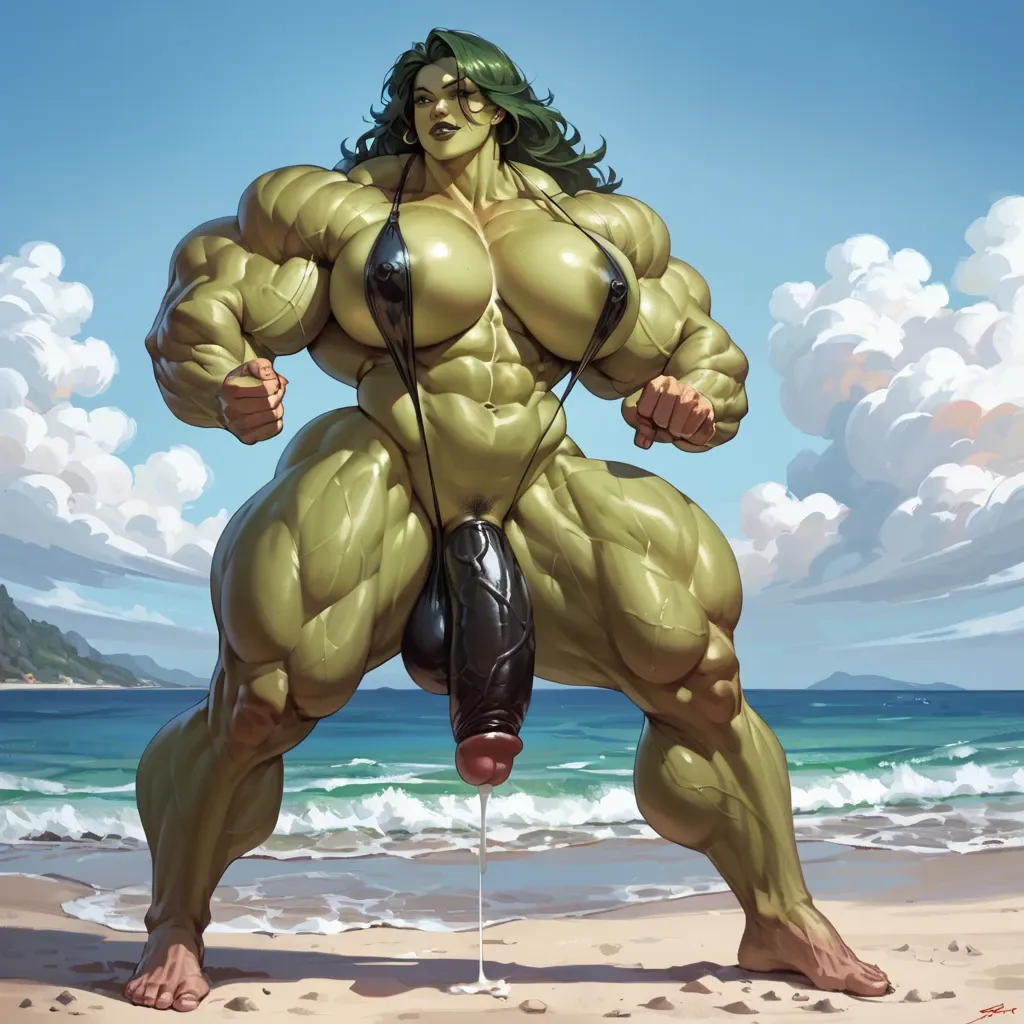 She hulk, Hyper bodybuilding female,hyper muscular trapèze, hyper muscular épaule, hyper musclar biceps,nude boobs, hyper muscular legs, lingerie latex, futa huge dick fuck, beach