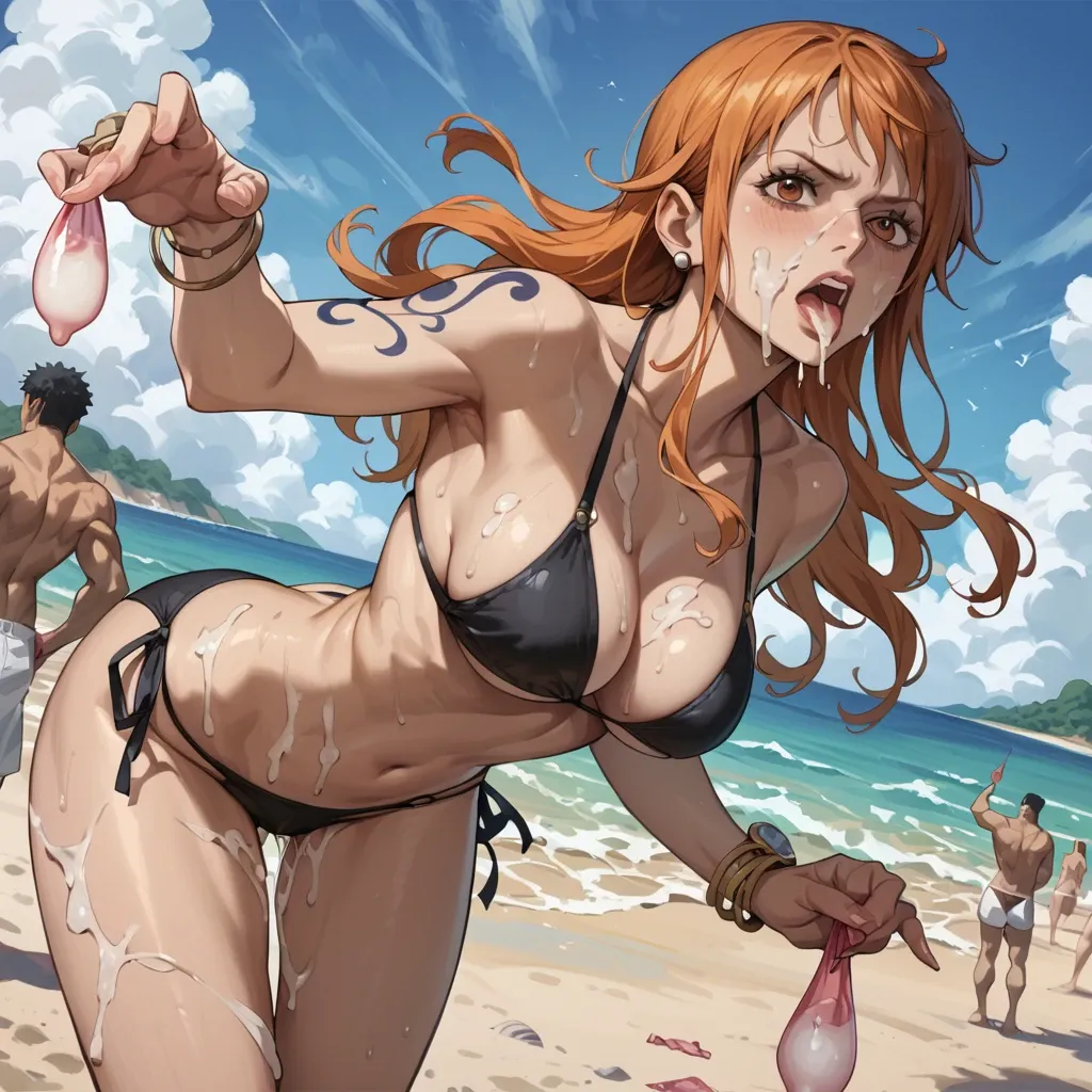 nami from one piece, standing on the beach, black bikini, holding a used condom on the side of her face, lots of cum on her face and on her face,