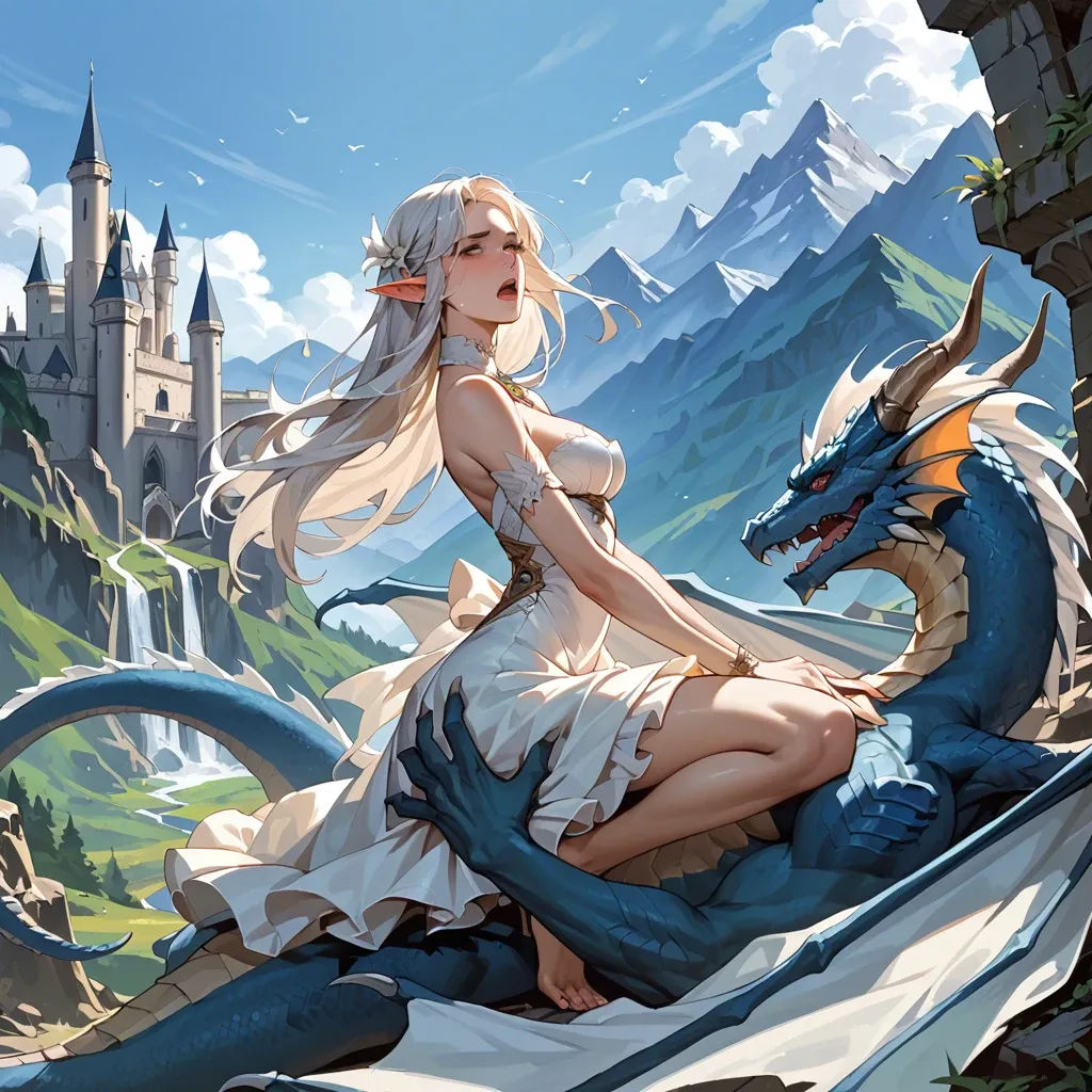 elf, ride a dragon on back and fly, castle background, white hair, mountains, on dress