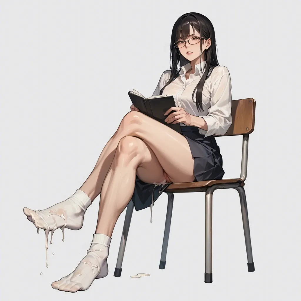 hair with bangs, white ankle socks, glasses, long legs, dominant, crossed legs, cum on socks skinnyfat ,tall