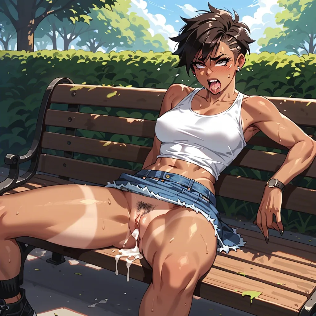 Park bench,Pubic hair, tomboy, creampie, jean skirts, panties to the side,ahegeo,drooling, tan lines