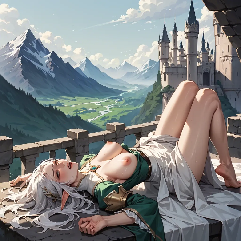 elf, mount a big normal dragon on back, castle background, white hair, mountains, on dress No hentai No porn