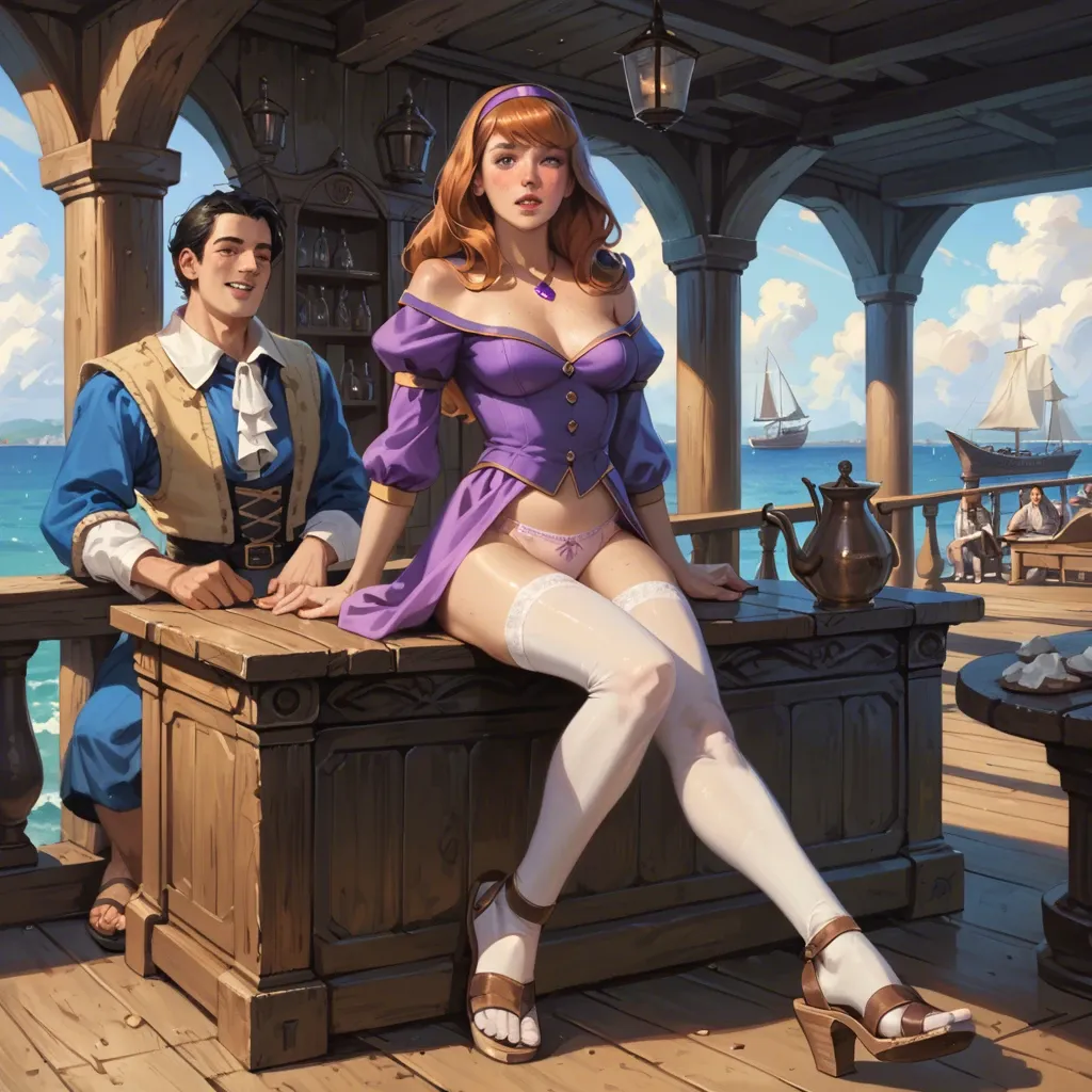 1girl,1boy, , , , freckled face,arm,saggy boobs,ship,shoulder, costume,white stockings,purple necklace,cotton panties,sandals, nightclub, daphne blake, medieval, bedroom, sitting on desk, detailed, brightly, zelda