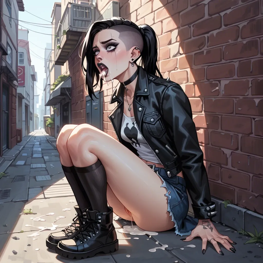 alleyway, eye shadow, cum in mouth , teen, ahegeo,knee , goth teen ,jean skirt,cute,pussy, panties to the side , surprised