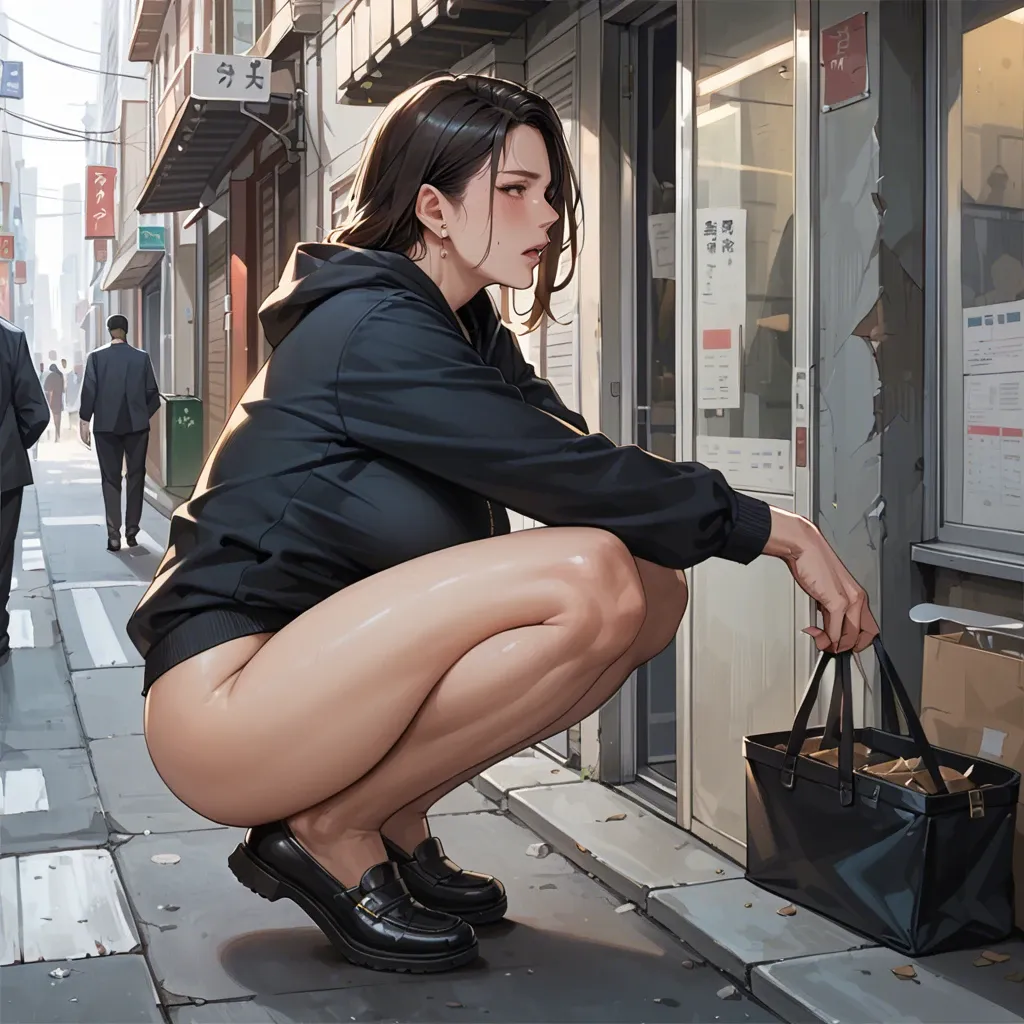 street, pussy, anime, milf, squatting, bottom backside view