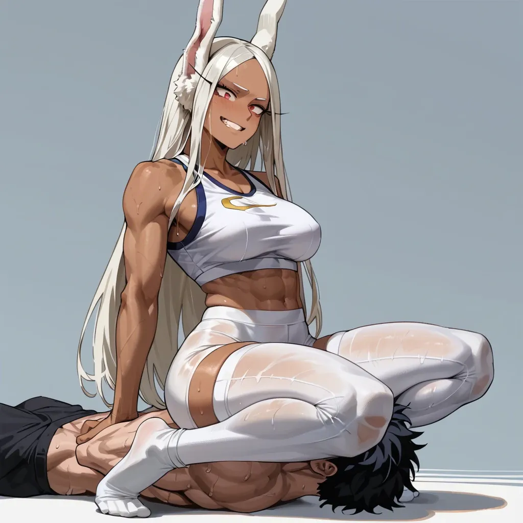 (masterpiece), best quality, expressive eyes, perfect face, spageta style,Rumi Usagiyama (my hero academia), facesitting,wearing white gym leggings and a leggings top and white socks,sweat