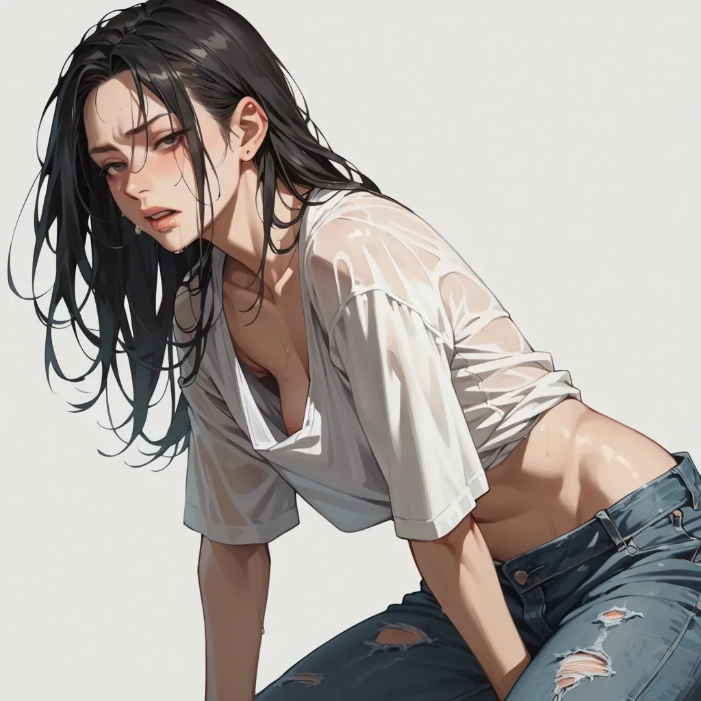 1girl,solo,loose shirt,jeans,black hair