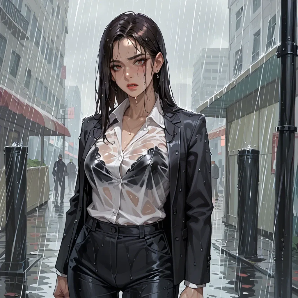 1girl,solo,office suit,white shirt, black blazer, black pants,in the rain,wet shirt,wetpants