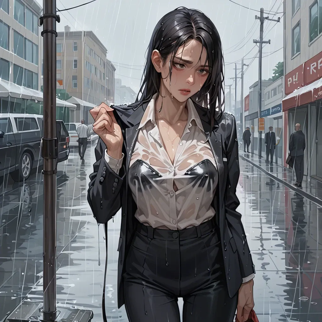 1girl,solo,office suit,white shirt, black blazer, black pants,in the rain,wet shirt,wet pants