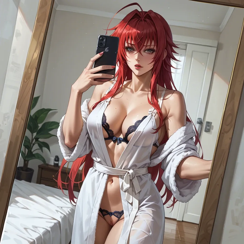 Rias Gremory from High School DxD, sexy lingerie, bathrobe , selfie mirror, Snowbunny