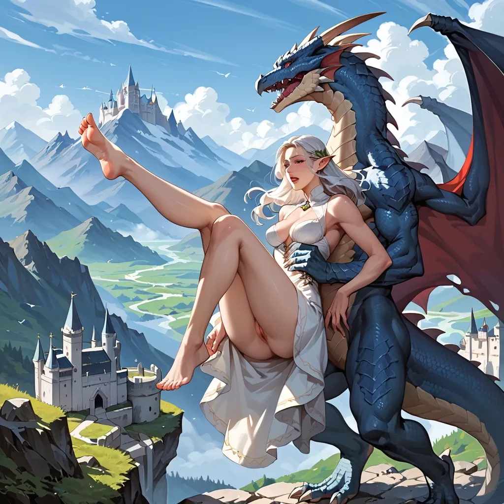 elf, ride a dragon on back and fly in air, castle background, white hair, mountains, on dress No dick No pussy