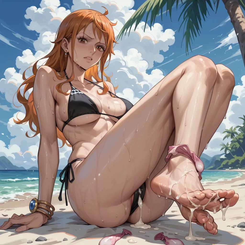 nami (one piece), wearing black bikini, cum coming out of bikini,sweat, feet focus,used condom on feet,