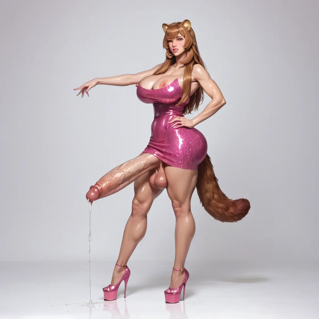 Raphtalia, pink glitter dress, pink skirt, pink heels, huge boobs, oiled, bimbo, futanari, huge cock, hard cock , precum