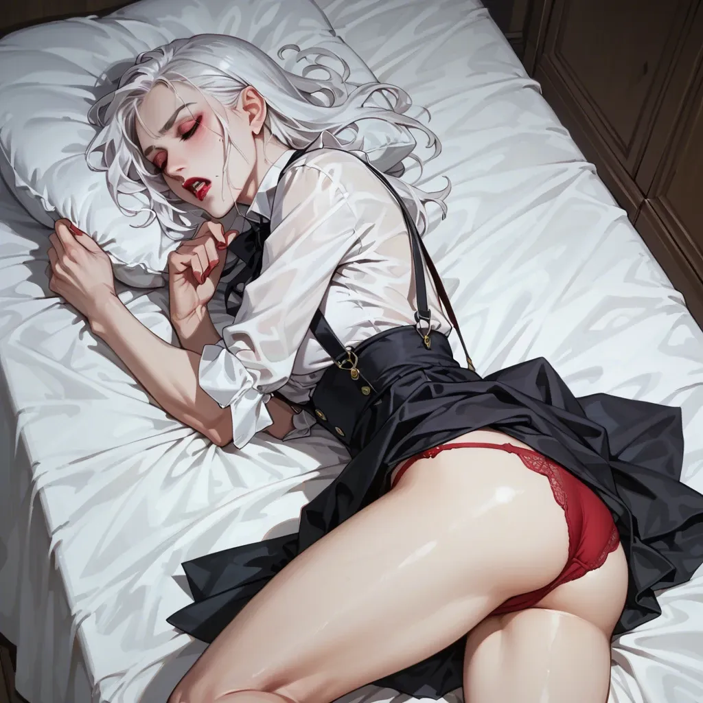 Sleeping vampire with white hair and violet and black dress and suspenders and red panties fucked