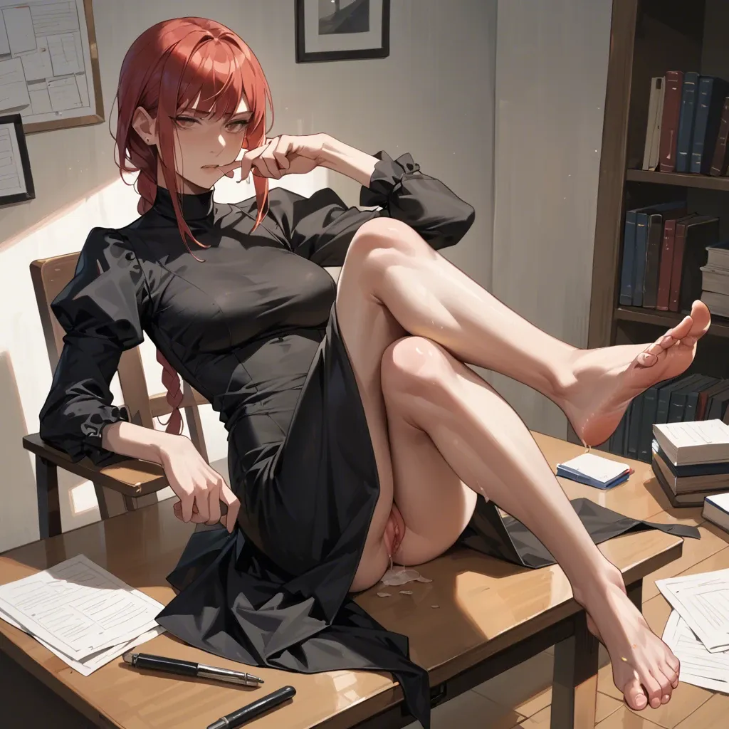 Makima, foot fetish, long black dress, barefoot, desk