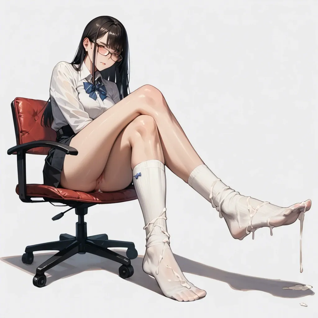 hair with bangs, white ankle socks, glasses, long legs, dominant, crossed legs, cum on socks skinnyfat ,tall