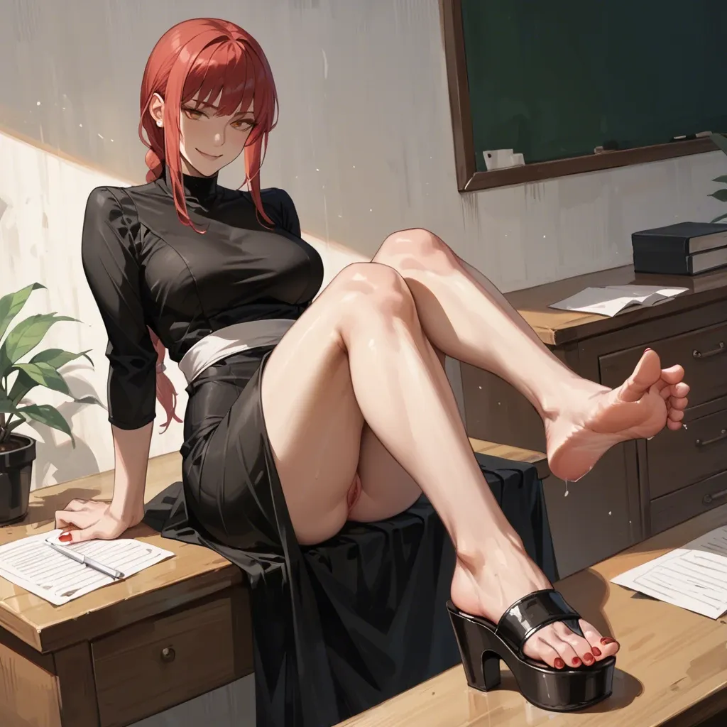 Makima, foot fetish, long black dress, barefoot, desk, presenting feet, spreading toes, sexy smile, wedge white sandals, Red nails,