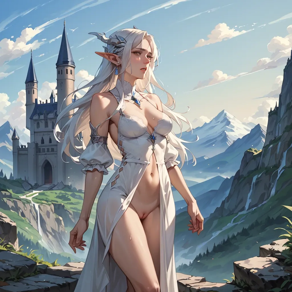 elf, mount a dragon, castle background, white hair, mountains, on dress No dick No pussy