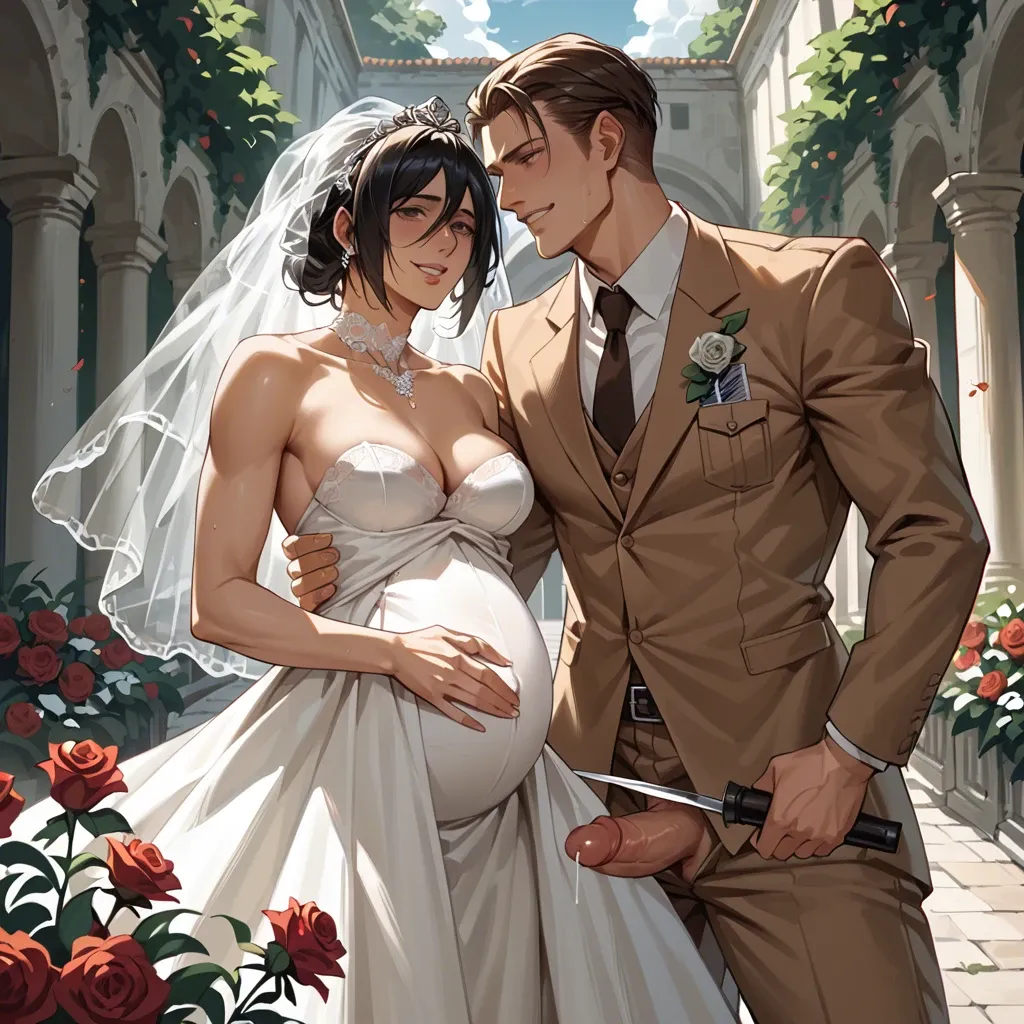 Mikasa Ackerman from Attack on Titan, pregnant, wearing a wedding dress, smiling, holding a rose, in a garden, the audience applauding her, next to her is her husband