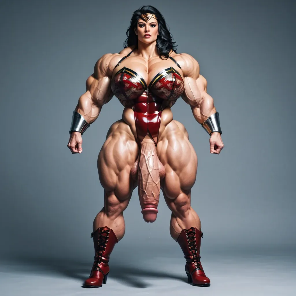 Wonder woman et supergirl, Massive bodybuilding female, massive muscular trapèze, massive muscular épaule, massive musclar biceps, nude boobs, muscle abdos, hyper muscular legs, massive muscular mollet, female lingerie bas latex, futa huge cock