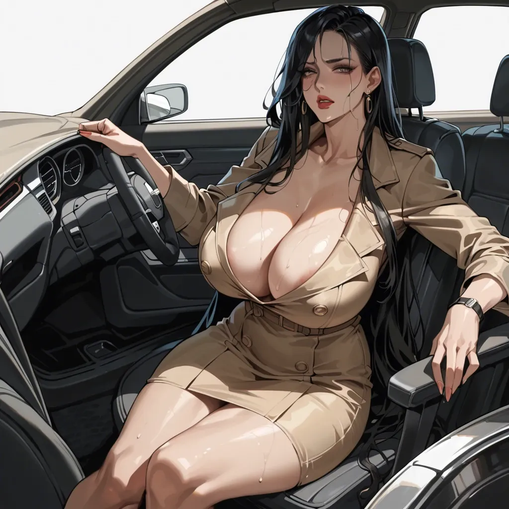 from front,trench dress,huge breasts, black long hair,simple background,sitting,car,