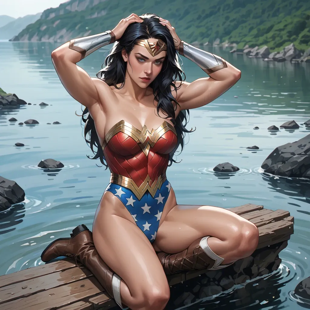 (Wonder Woman - DC Comics), Diana, 1girl, long hair, tiara, blue eyes, leotard, star (symbol), boots, bracers, black hair, sitting onto shore of river, (hands cupping head), (nsfw), (blue eyes), (black hair), (braid ponytail), (athletic body), (large boobs), (breasts bouncing), (flirtatious expression), (wet hair), (choker), (wet skin), (wonder woman tiara), (dropping breast milk), (volumetric sun lighthing filtered throug leaves), (forest lake vast landscape), (detailed sunset)