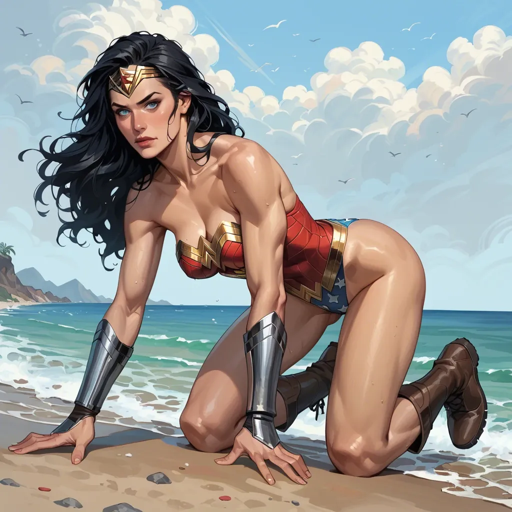 (Wonder Woman - DC Comics), Diana, 1girl, long hair, tiara, blue eyes, leotard, star (symbol), boots, bracers, black hair, undressing taking off her thong, beach