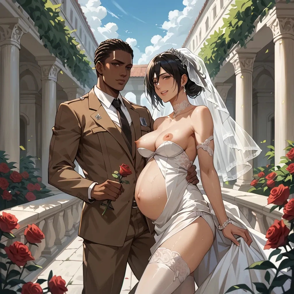 Mikasa Ackerman from Attack on Titan, pregnant, wearing a wedding dress that covers her entire body, smiling, holding a rose, in a garden, the audience applauding her, next to her is her dark-skinned black African husband, waving their hands to greet those attending their wedding, a full picture of the wedding hall.