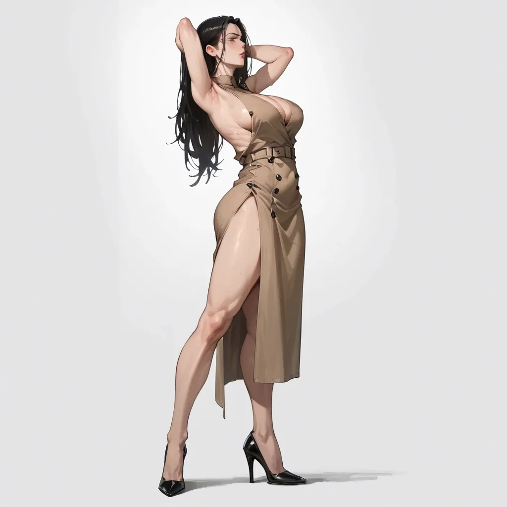 full bodt,side view,behind the head,curvy,trench dress, black long hair,simple background,standing,highheels,