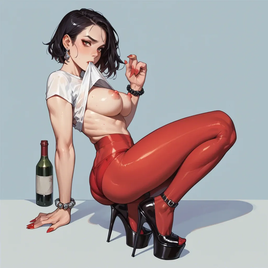 1girl,solo, , , , bottle in mouth,4 fingers,molded nipples,sideboob,wrist, pull shirt,pantyhose,white panties,panties visible,platform heels, red tight pants,stockings,beaded jewelry,sexy red bikini,shoes, school uniform, ocean, cyberpunk, white sofa, 2b, rapunzel