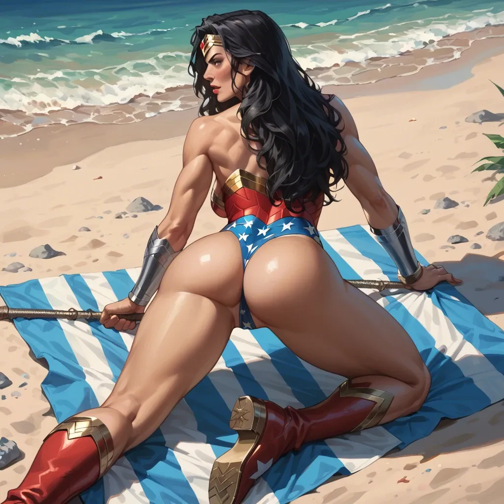 (Wonder Woman - DC Comics), Diana, 1girl, long hair, tiara, blue eyes, leotard, star (symbol), boots, bracers, black hair, ass thong, beach