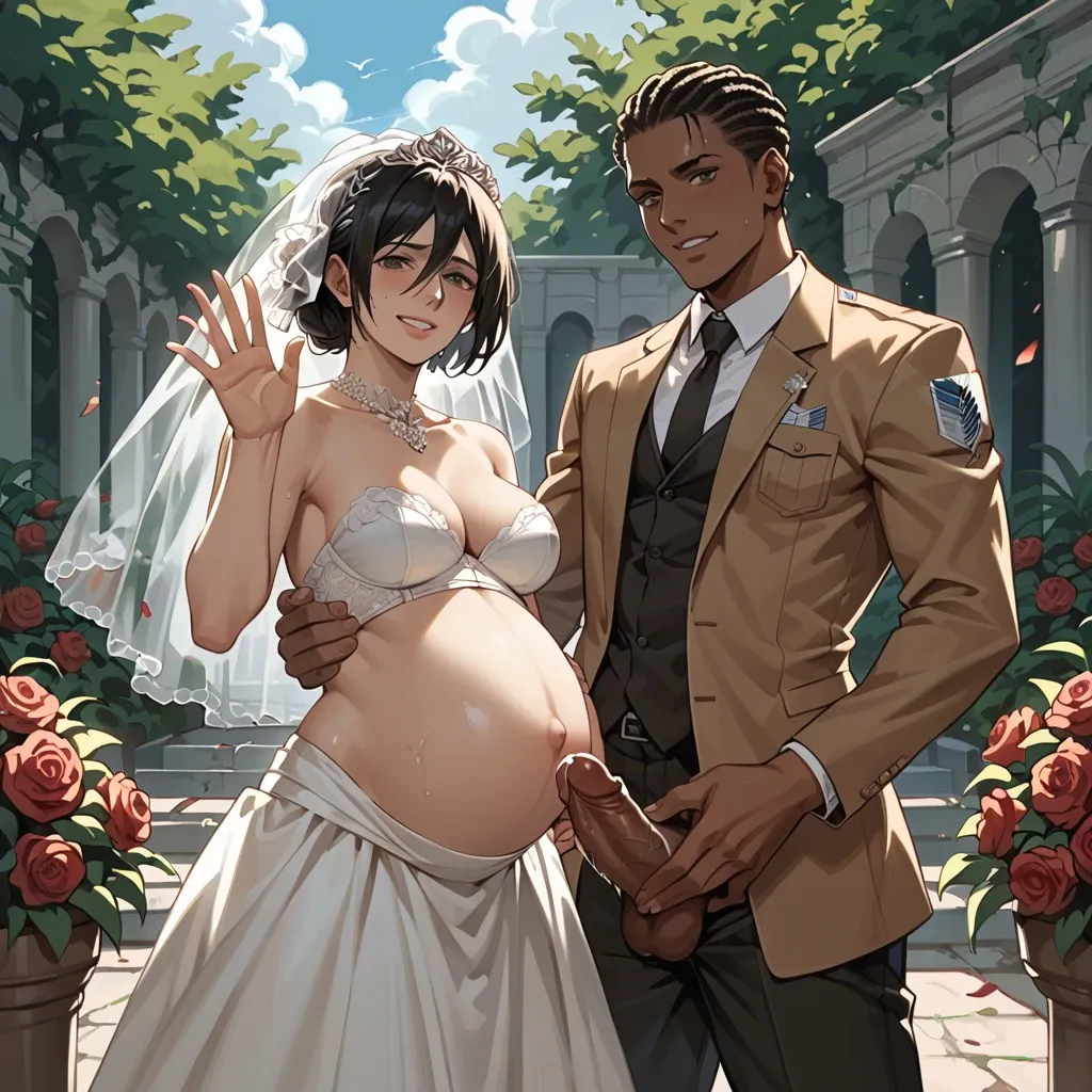 Mikasa Ackerman from Attack on Titan, pregnant, wearing a wedding dress, smiling, holding a rose, in a garden, the audience applauding her, next to her is her dark-skinned black African husband, waving their hands to greet those attending their wedding, a full picture of the wedding hall.