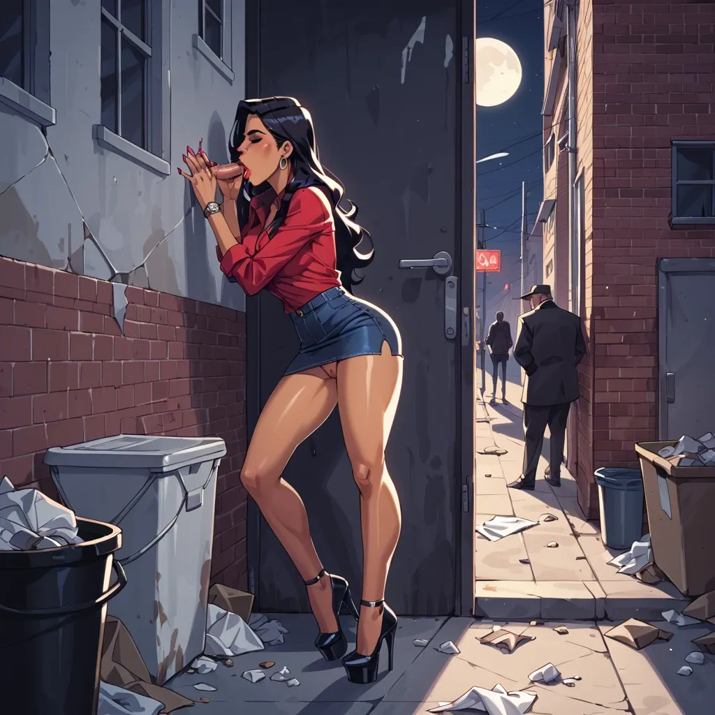 moon, nighttime, Hiding behind trash,jean skirt, panties to the side, knees apart, pussy, high heels, latina, ahegeo, greedy sucking,blowjob ,midnight, average size dick, shadows