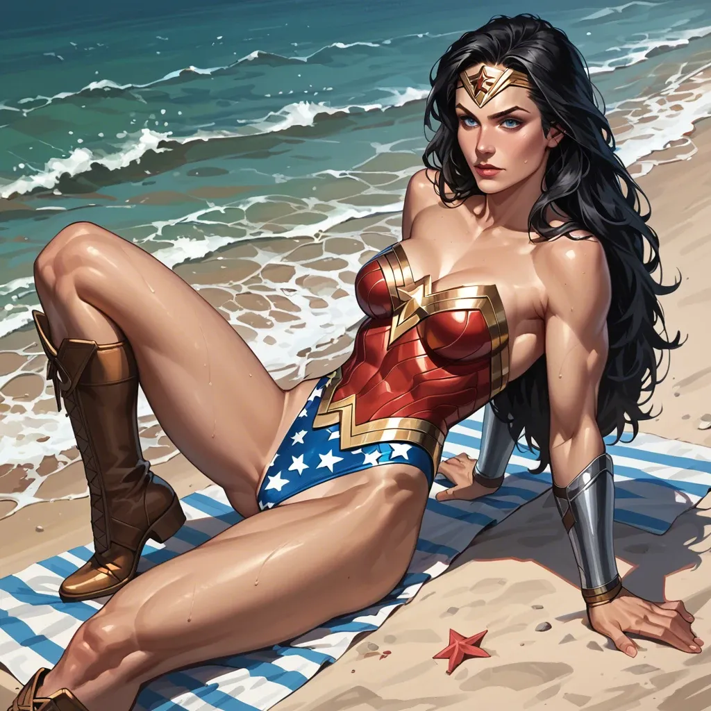 (Wonder Woman - DC Comics), Diana, 1girl, long hair, tiara, blue eyes, leotard, star (symbol), boots, bracers, black hair, undressing taking off her thong, beach