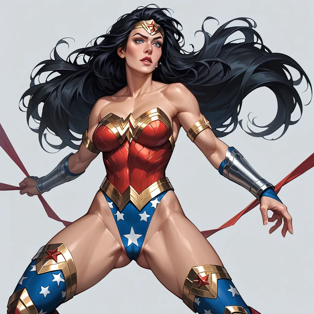 (Wonder Woman - DC Comics), Diana, 1girl, long hair, tiara, blue eyes, leotard, star (symbol), boots, bracers, black hair,