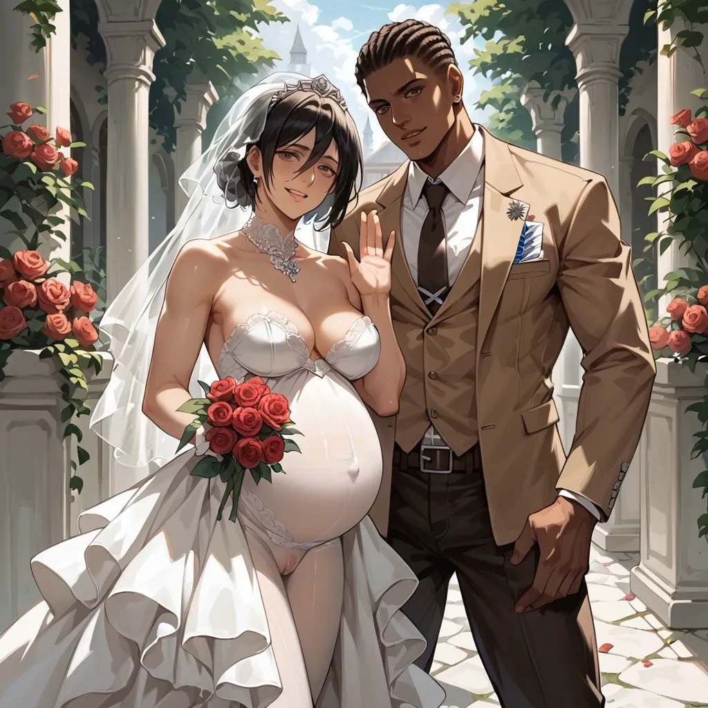 Mikasa Ackerman from Attack on Titan, pregnant, wearing a wedding dress that covers her entire body, smiling, holding a rose, in a garden, the audience applauding her, next to her is her dark-skinned black African husband, waving their hands to greet those attending their wedding, a full picture of the wedding hall.