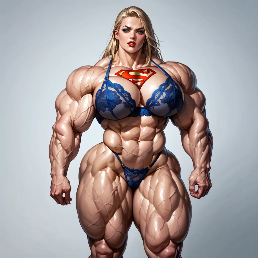 Supergirl, Massive bodybuilding female, massive muscular trapèze, massive muscular épaule, massive musclar biceps, boobs, muscle abdos, hyper muscular legs, massive muscular mollet, female lingerie bas porte jarretelle