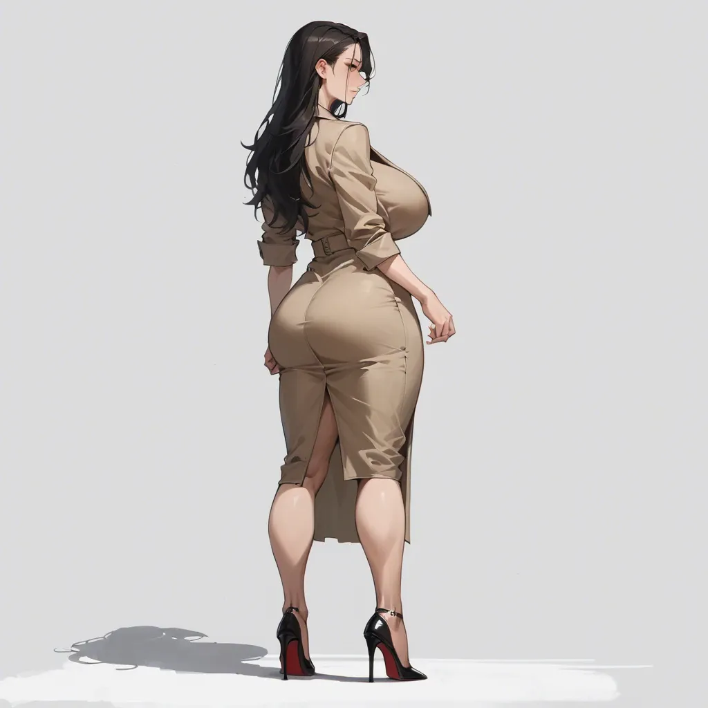 full body,looking back,looking ahead,from side,behind the face,trench dress,huge breasts, black long hair,simple background,standing,highheels,