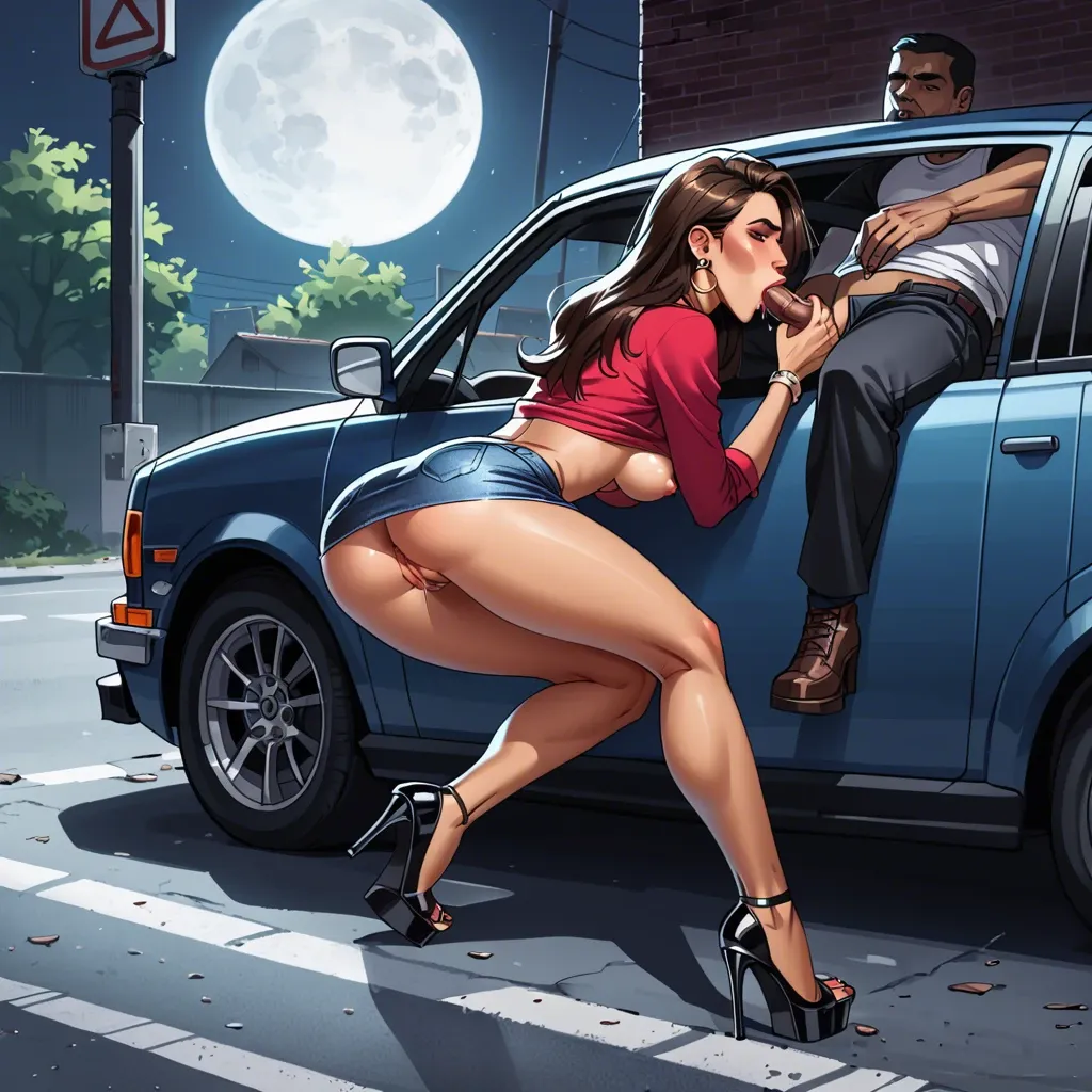 Full moon, Hiding behind a car, parking garage,jean skirt, cute teen,panties to the side, knees apart, pussy, high heels, latina, ahegeo, greedy sucking,blowjob ,midnight, dark, average size dick, shadows