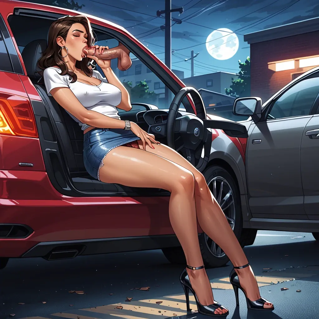 Full moon, Hiding behind a car, parking garage,jean skirt, cute teen, lace panties,panties to the side, knees apart, pussy, high heels, latina, ahegeo, greedy sucking,blowjob ,midnight, dark, average size dick, shadows