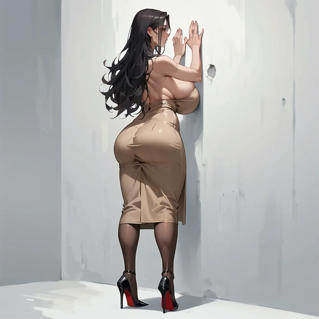 full body,looking ahead,from behind,behind the face,trench dress,huge breasts,hand support wall, black long hair,simple background,standing,highheels,