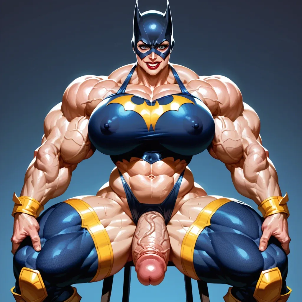 Batgirl, Massive bodybuilding female, massive muscular trapèze, massive muscular épaule, massive musclar biceps, boobs, muscle abdos, hyper muscular legs, massive muscular mollet, female lingerie bas porte jarretelle, futa big cock